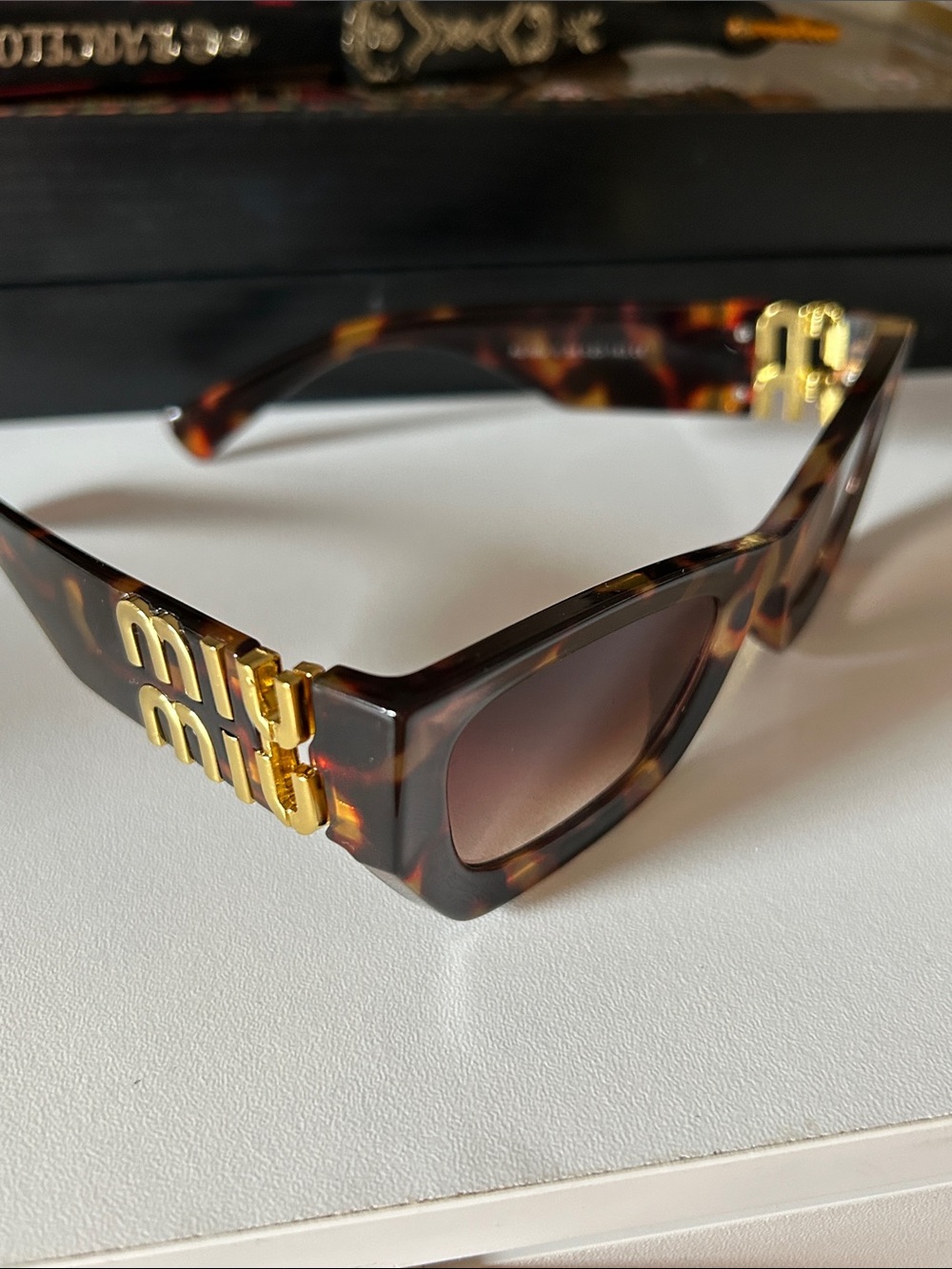 “ Miu Miu” Tortoiseshell Rectangular Sunglasses with Gold Accents - Picture 5 of 9